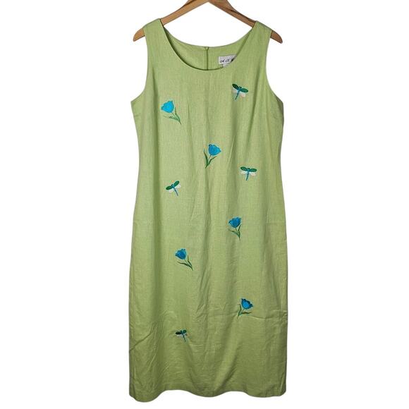 AKC VTG linen 2pc dress short sleeve jacket women's size L lime green dragon fly - Picture 3 of 16